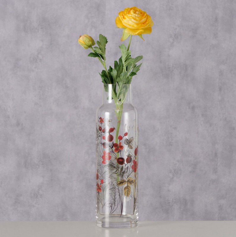 Vaso verticale in vetro decorato con rosa canina alto 30.5 cm, perfetto come decorazione autunnale